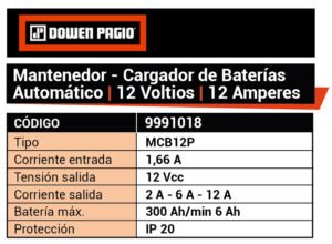 CARGADOR DE BATERIA AUTOMATICO 12V-12AMP-DOWEN PAGIO-9991018 - Imagen 2