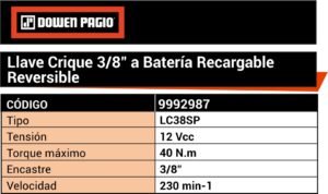 LLAVE CRIQUET A BATERIA 3/8-12V-DOWEN PAGIO-9992987 - Imagen 2