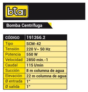 BOMBA CENTRIFUGA 3/4 HP 550W BTA 191266.2 - Imagen 2