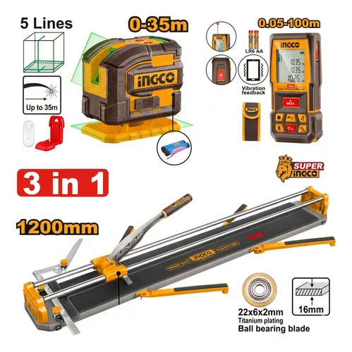 COSLI251011 COMBO CORTACERAMICO 120CM + NIVEL +MEDIDOR INGCO COSLI251011 - Imagen 1
